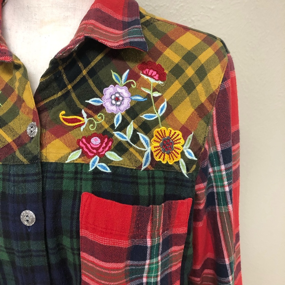 Blair Multi Pattern Plaid Flannel Embroidered But… - image 2